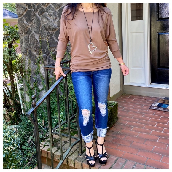 MOCHA DOLMAN BOATNECK 3/4 SLEEVES TUNIC TOP - Picture 3 of 15